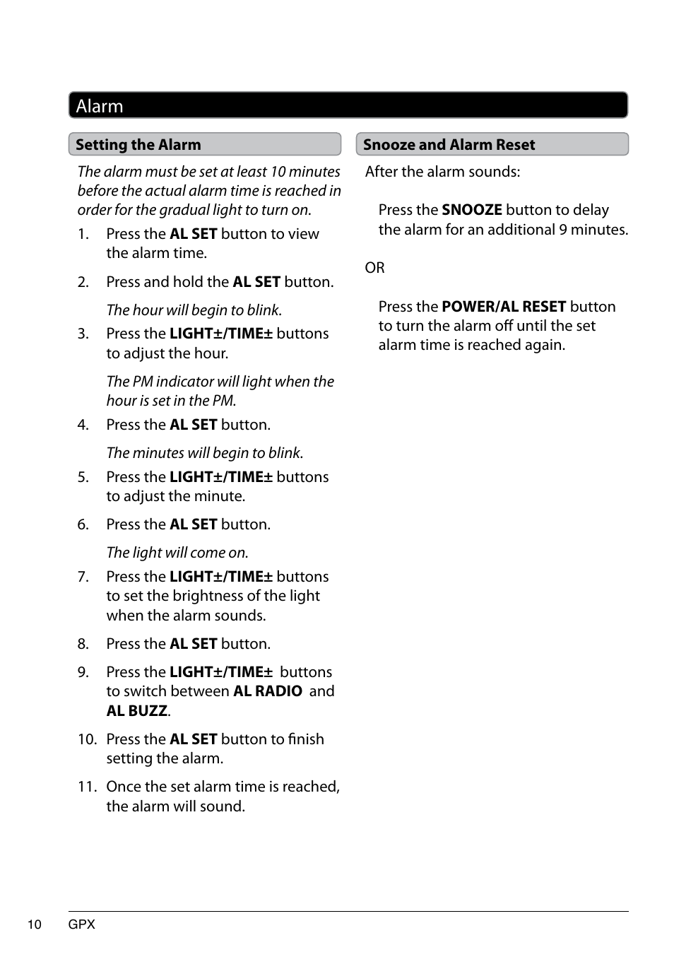 Alarm | GPX 1514-0322-10 User Manual | Page 10 / 12