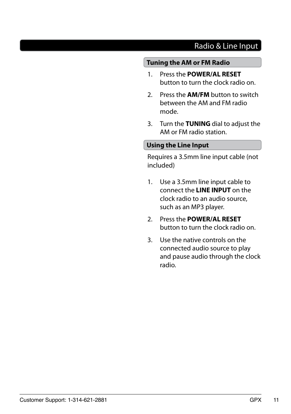 Radio & line input | GPX 1514-0322-10 User Manual | Page 11 / 12