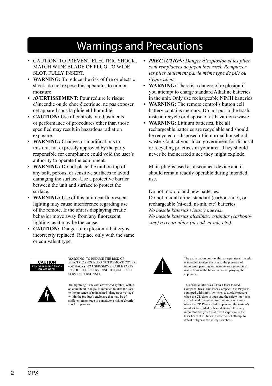 Warnings and precautions | GPX 1514-0322-10 User Manual | Page 2 / 12