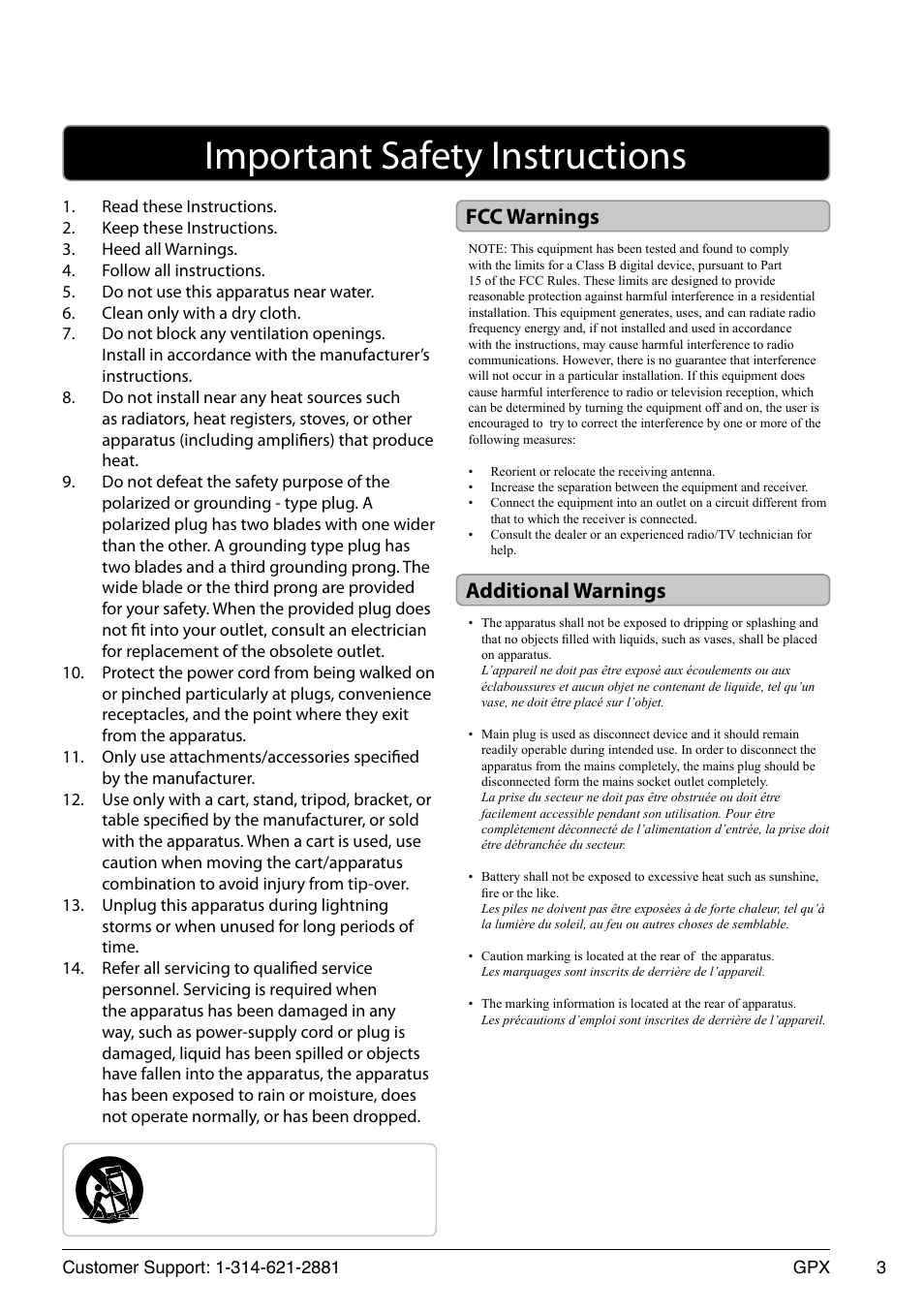 Important safety instructions, Fcc warnings additional warnings | GPX 1514-0322-10 User Manual | Page 3 / 12