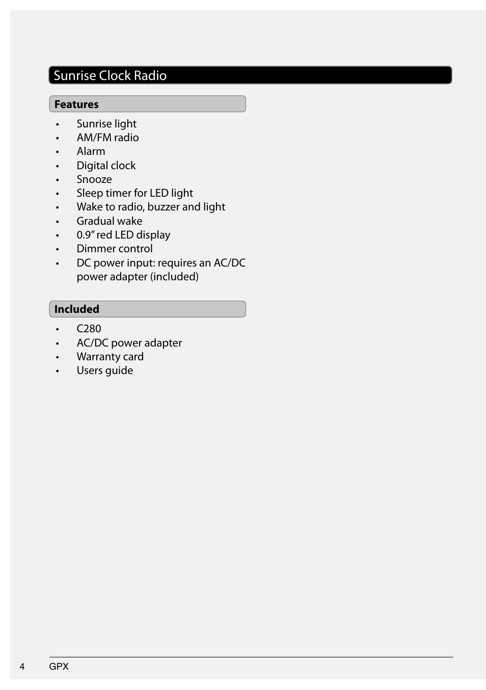 Sunrise clock radio | GPX 1514-0322-10 User Manual | Page 4 / 12