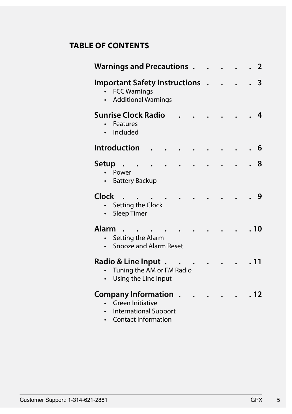 Sunrise clock radio 4, Introduction 6 setup 8, Clock 9 | Alarm 10, Radio & line input 11, Company information 12 | GPX 1514-0322-10 User Manual | Page 5 / 12