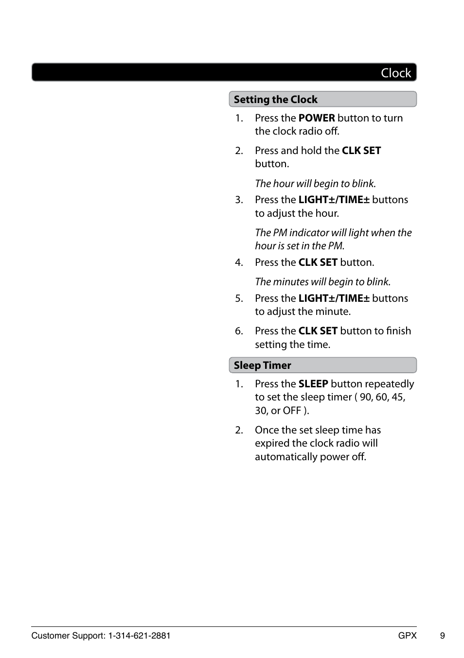 Clock | GPX 1514-0322-10 User Manual | Page 9 / 12