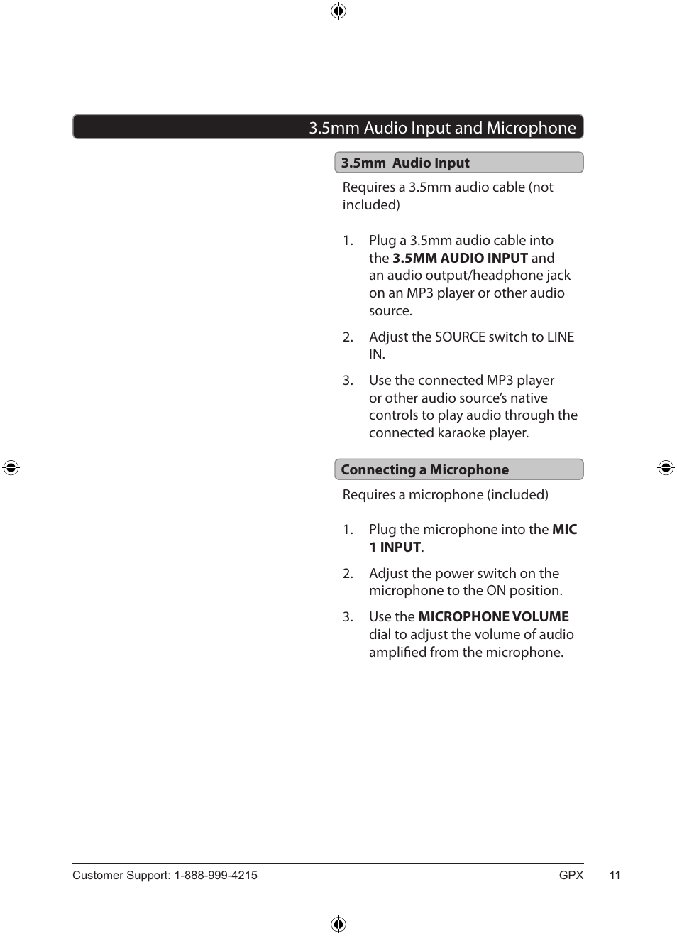 5mm audio input and microphone | GPX J100S User Manual | Page 11 / 12