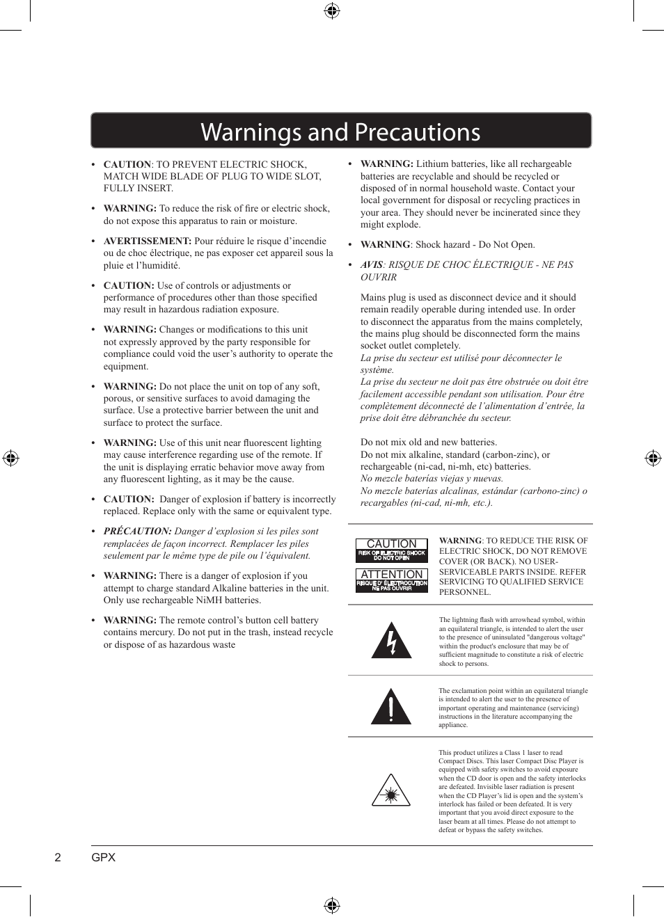 Warnings and precautions | GPX J100S User Manual | Page 2 / 12