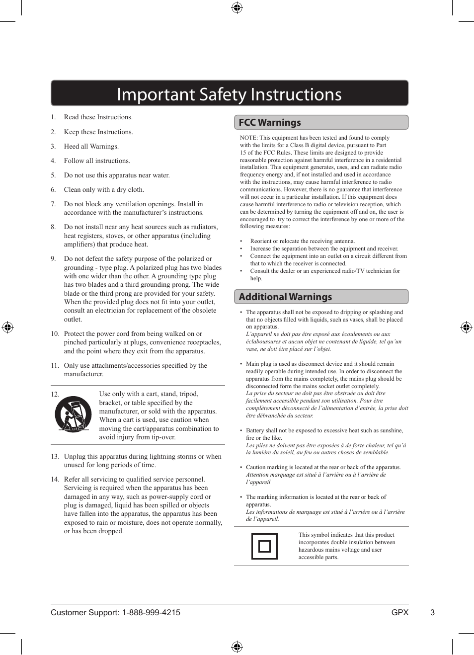 Important safety instructions, Fcc warnings additional warnings | GPX J100S User Manual | Page 3 / 12