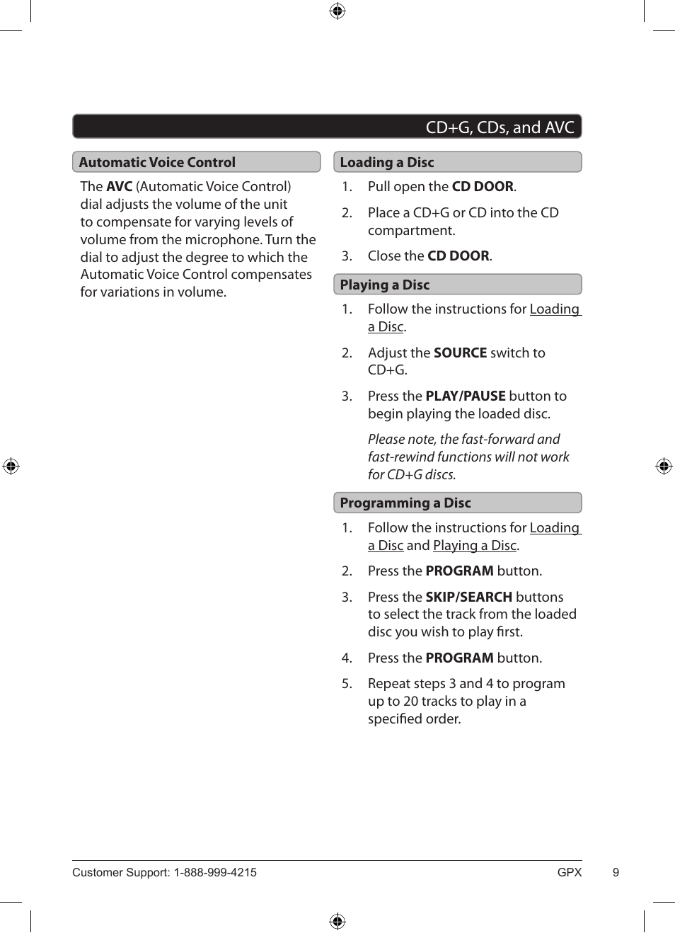 Cd+g, cds, and avc | GPX J100S User Manual | Page 9 / 12