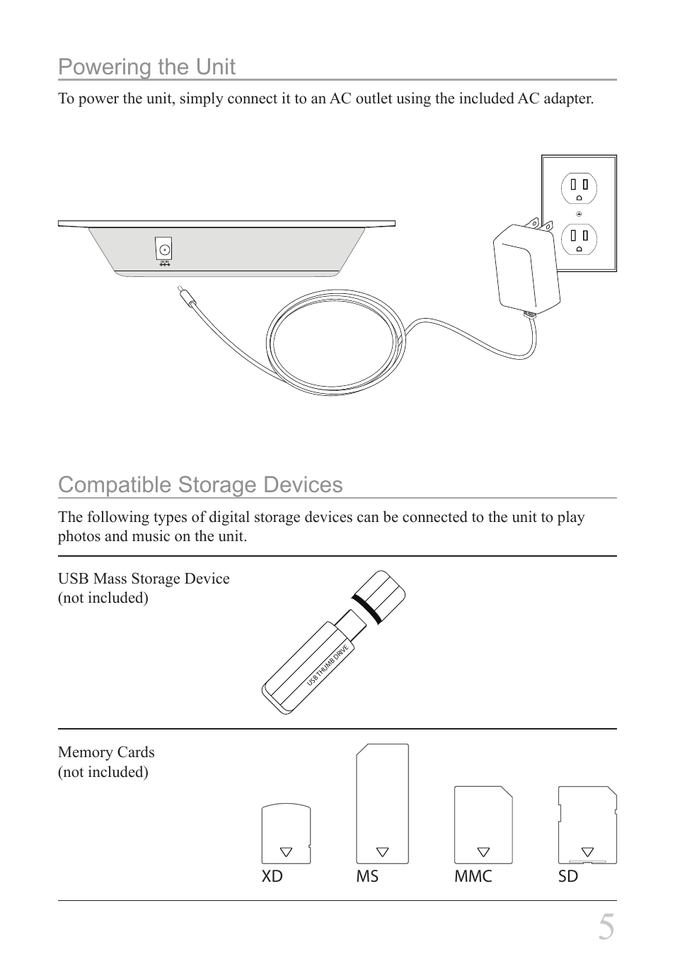 Powering the unit, Compatible storage devices | GPX PF728 User Manual | Page 5 / 16