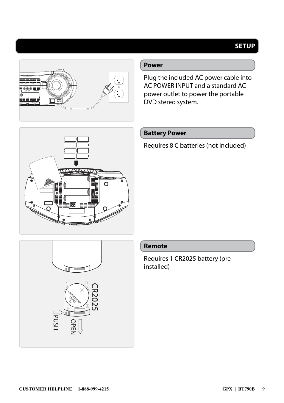 Cr2025, Push open | GPX BT780B User Manual | Page 9 / 16