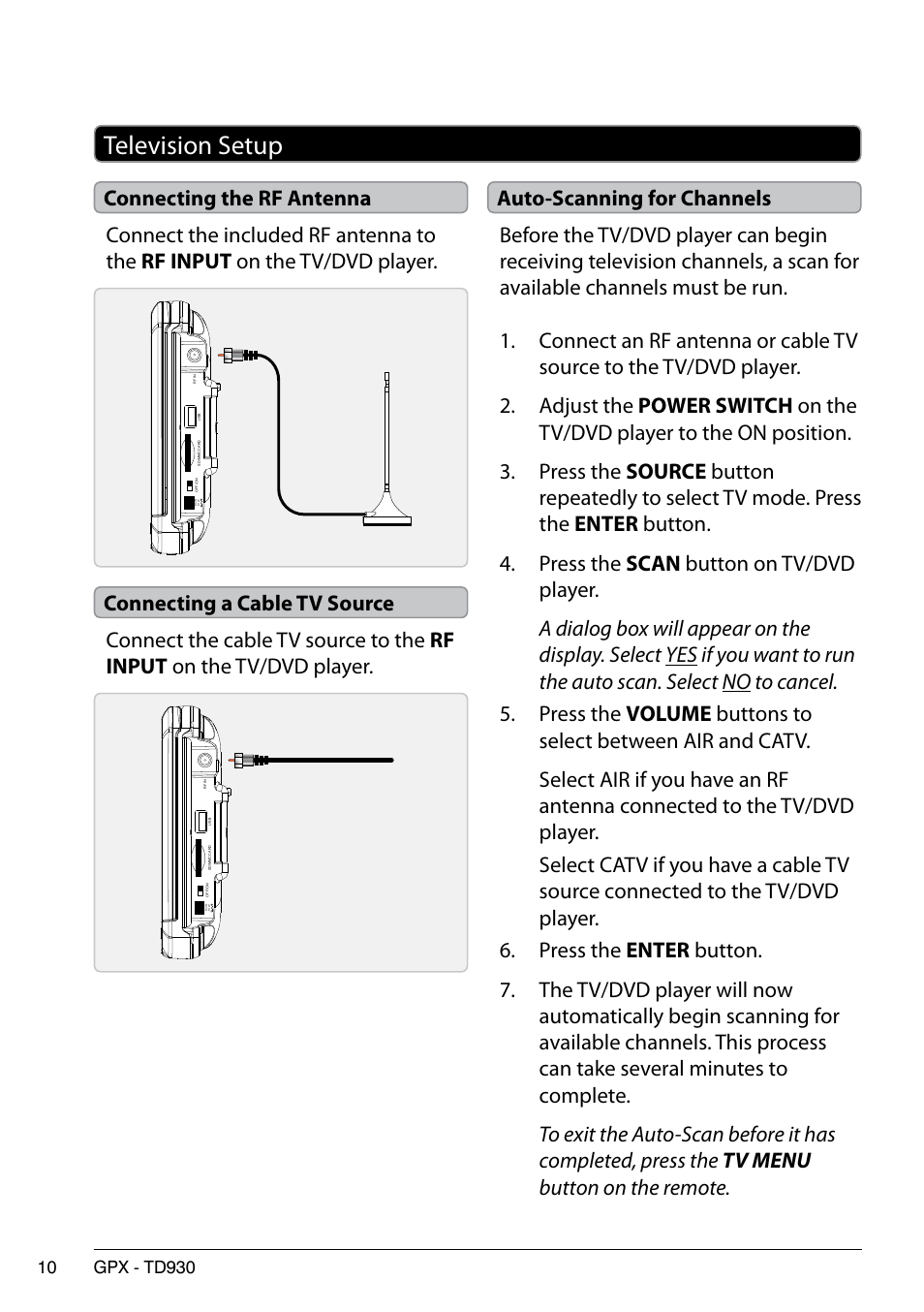 Television setup | GPX TD930 User Manual | Page 10 / 16