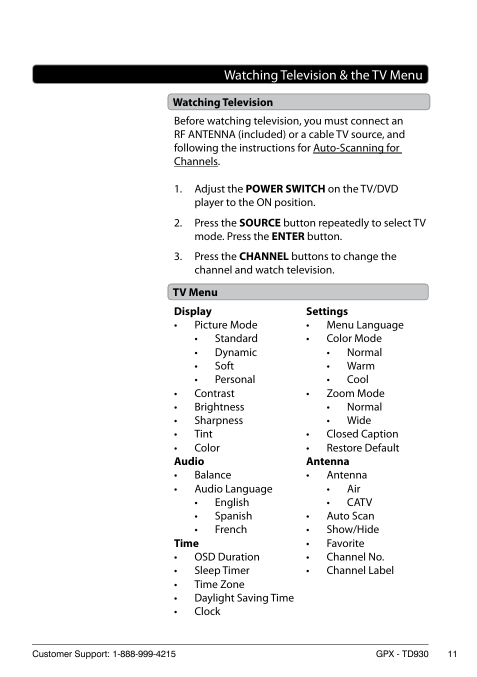 Watching television & the tv menu | GPX TD930 User Manual | Page 11 / 16