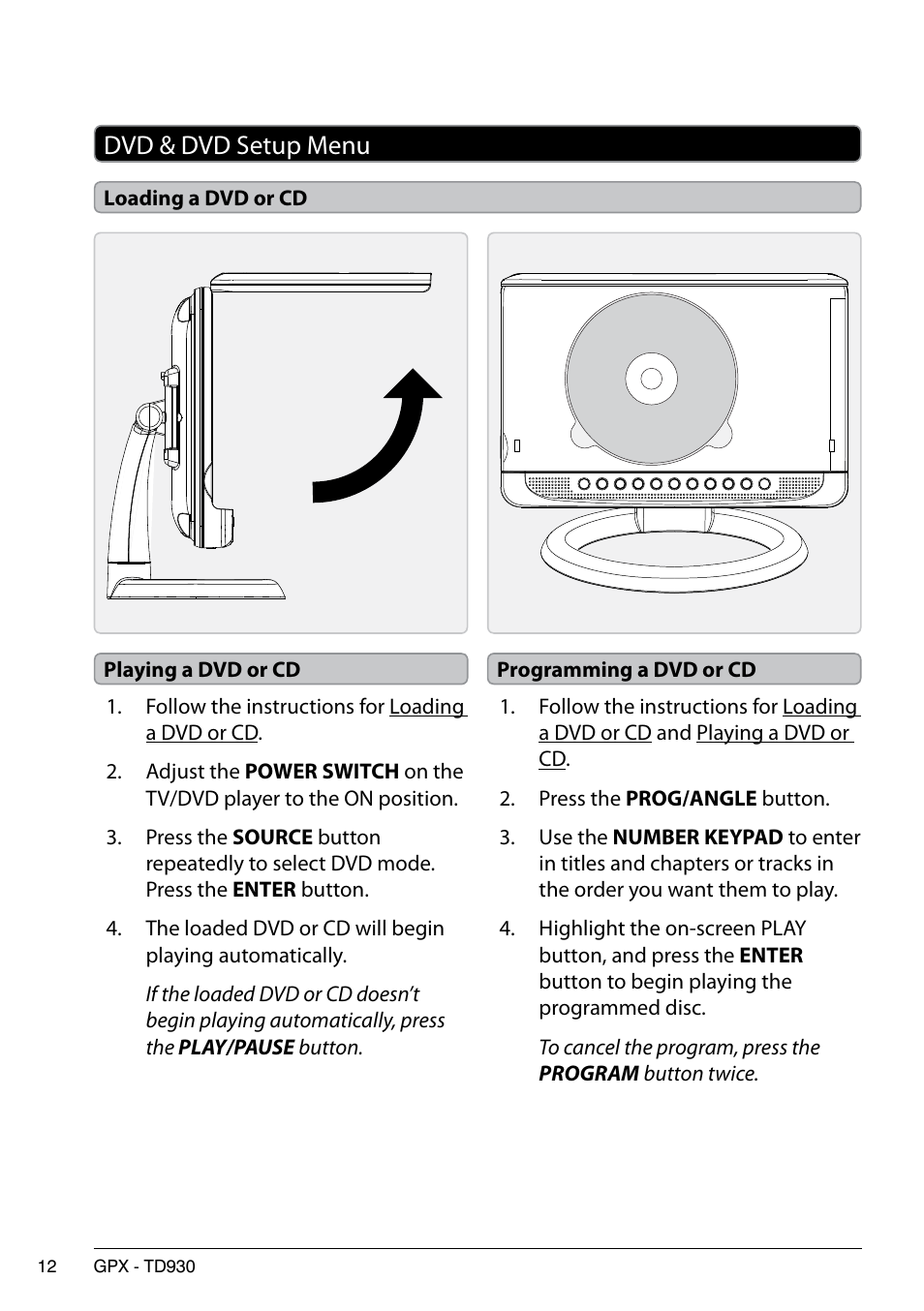 Dvd & dvd setup menu | GPX TD930 User Manual | Page 12 / 16