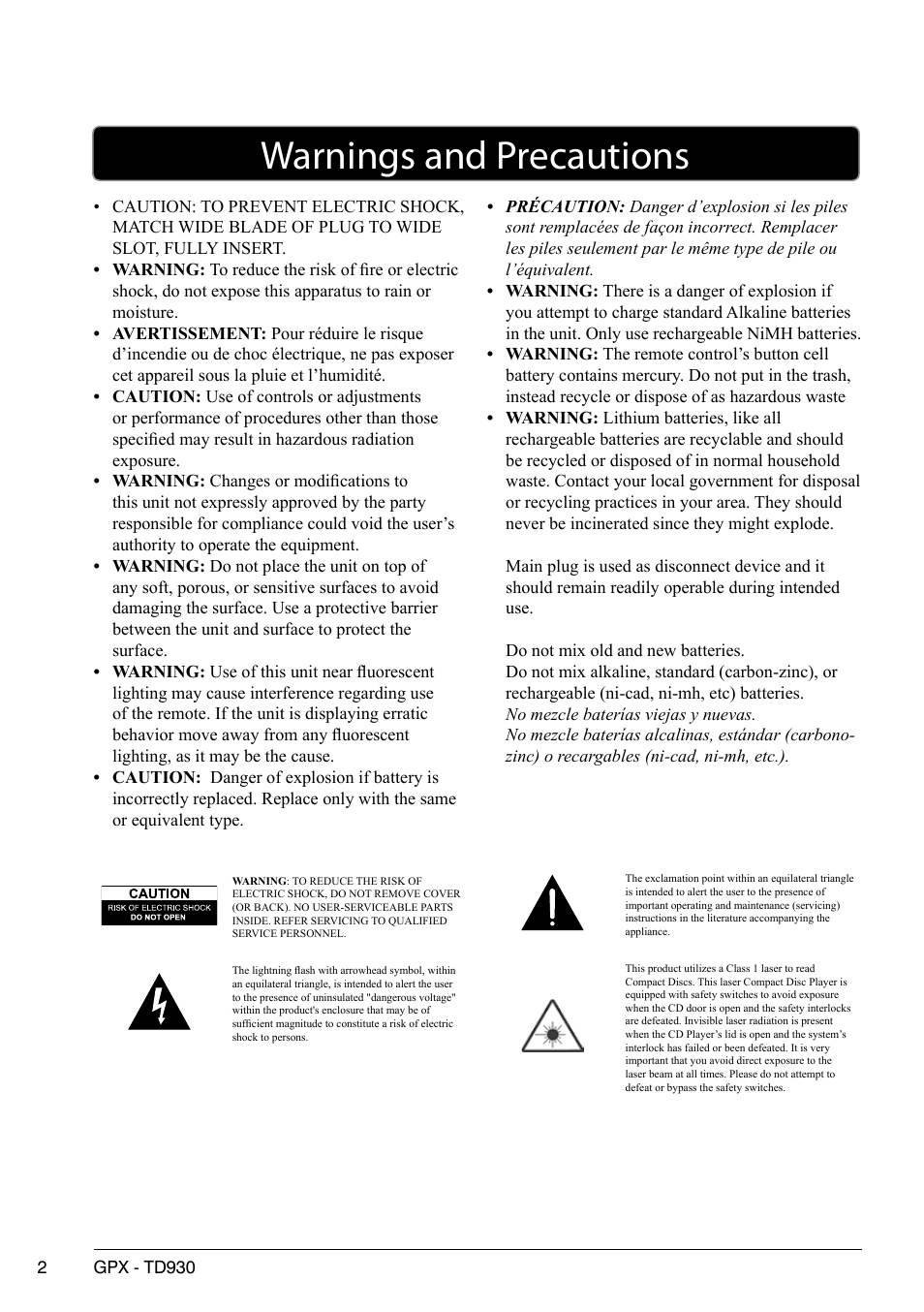 Warnings and precautions | GPX TD930 User Manual | Page 2 / 16