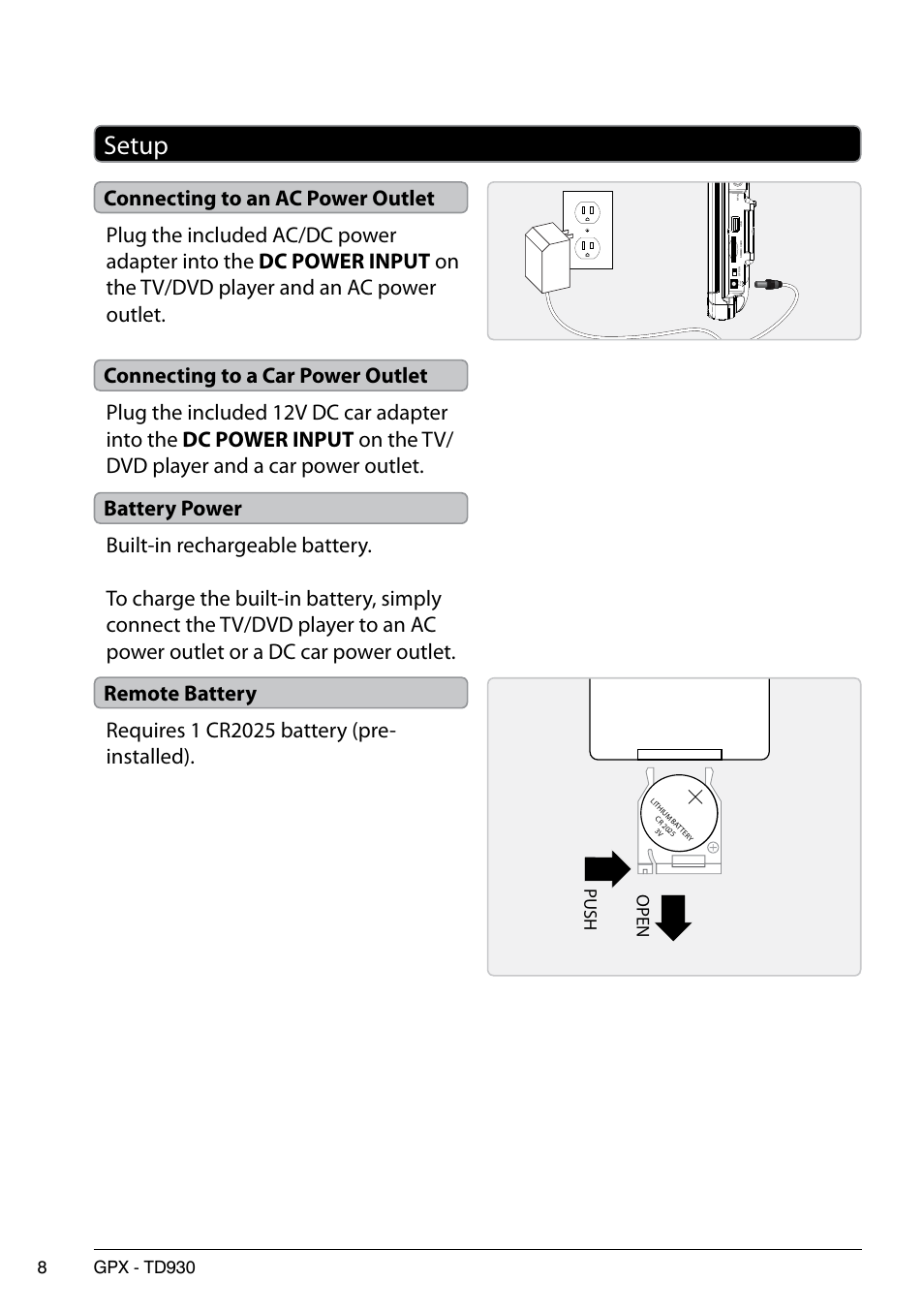 Setup | GPX TD930 User Manual | Page 8 / 16