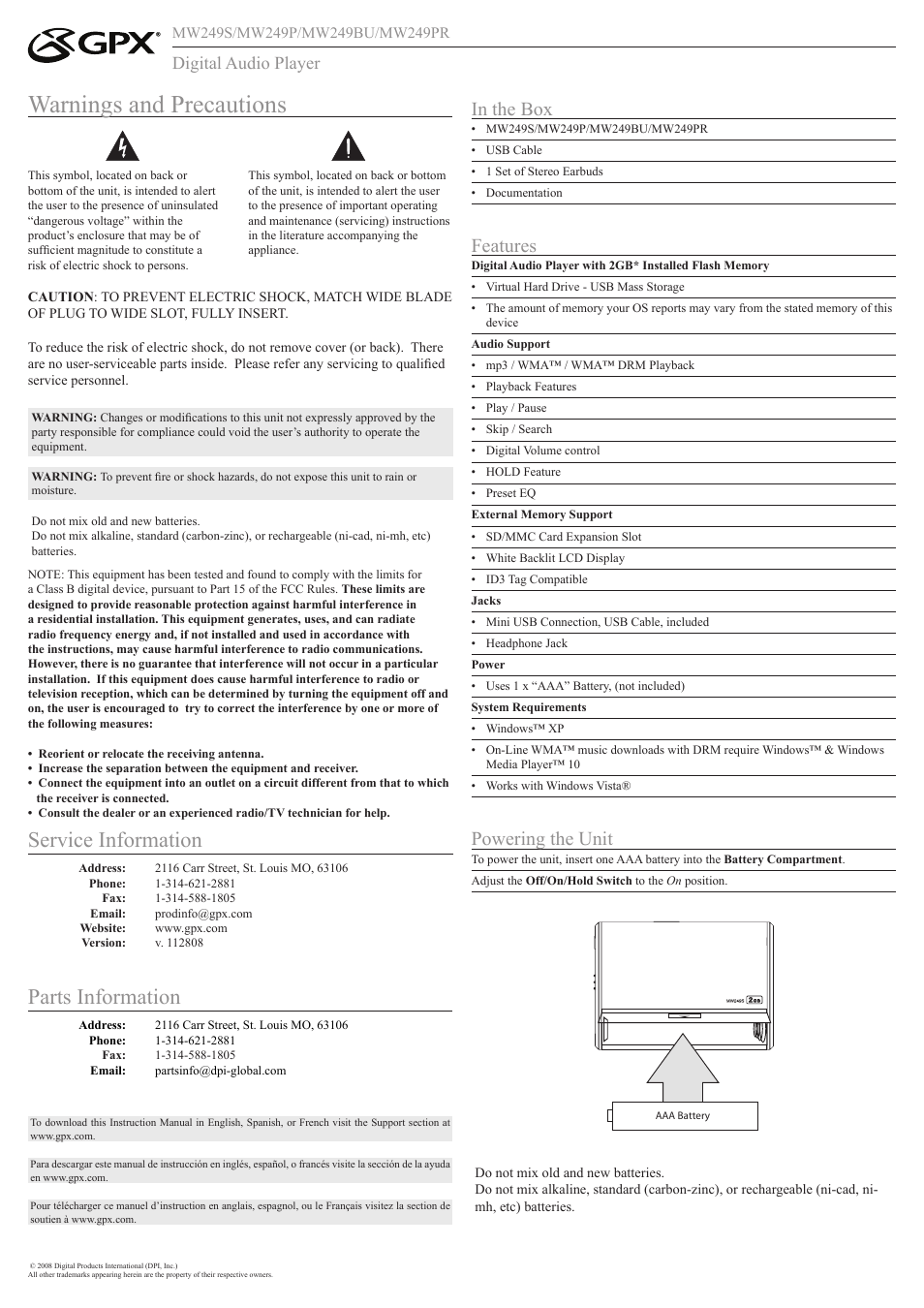GPX MW249BU User Manual | 2 pages