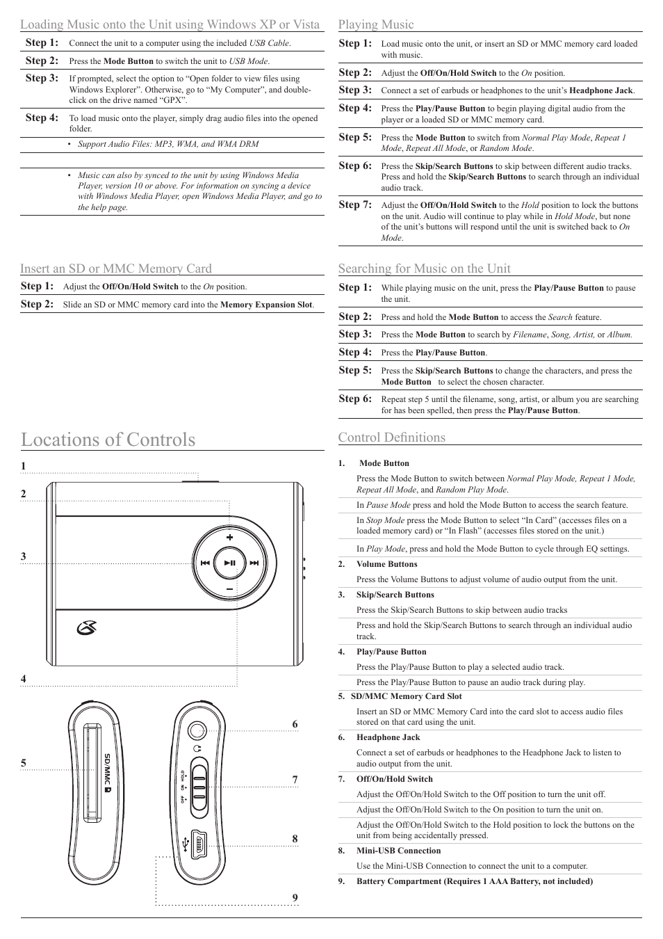 Locations of controls, Control definitions, Searching for music on the unit | Playing music | GPX MW249BU User Manual | Page 2 / 2