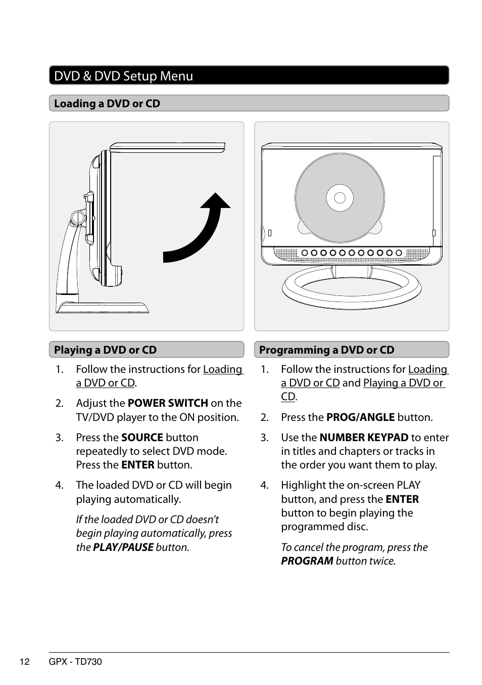 Dvd & dvd setup menu | GPX 0842-0414-10 User Manual | Page 12 / 16