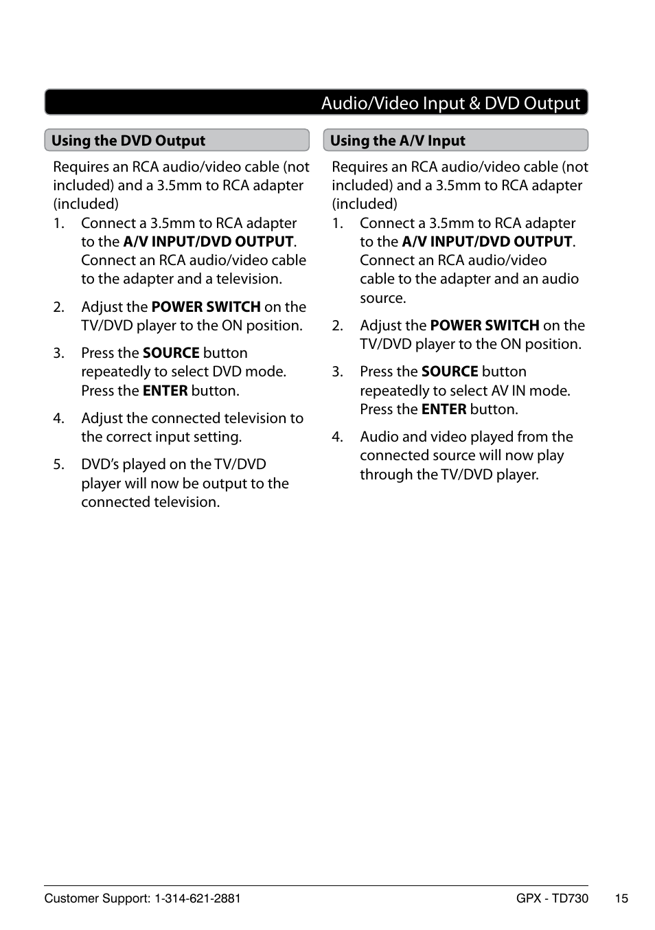 Audio/video input & dvd output | GPX 0842-0414-10 User Manual | Page 15 / 16