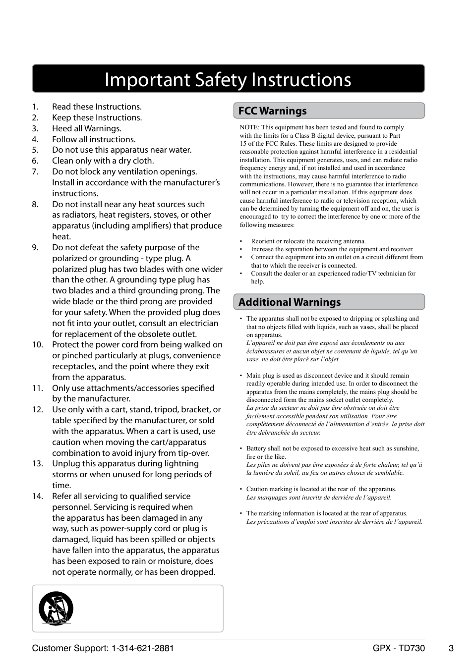 Important safety instructions, Fcc warnings additional warnings | GPX 0842-0414-10 User Manual | Page 3 / 16