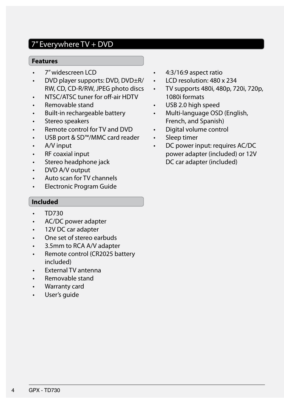 7” everywhere tv + dvd | GPX 0842-0414-10 User Manual | Page 4 / 16