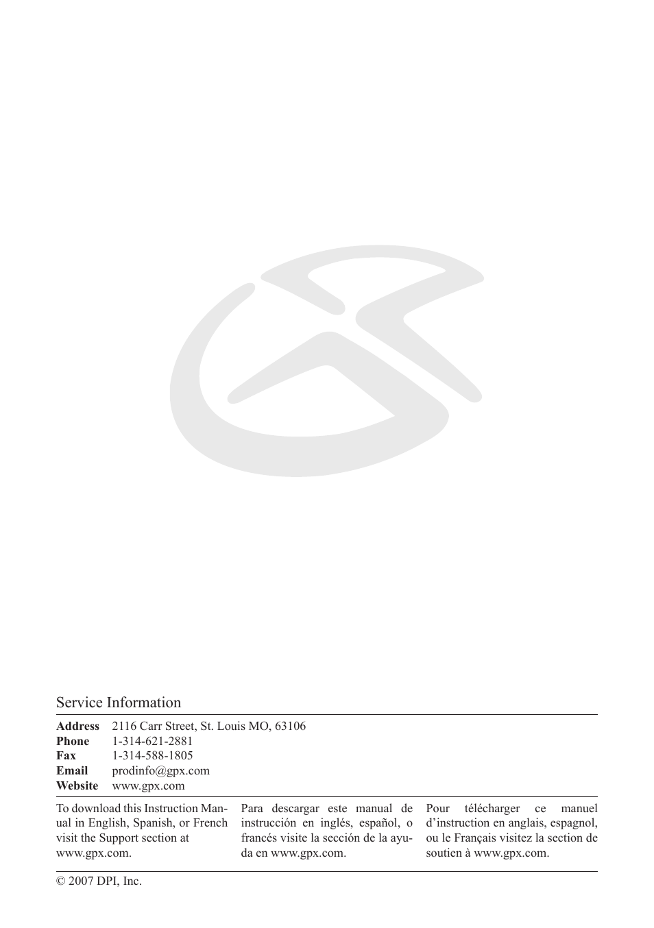 Service information | GPX PF707 User Manual | Page 8 / 8