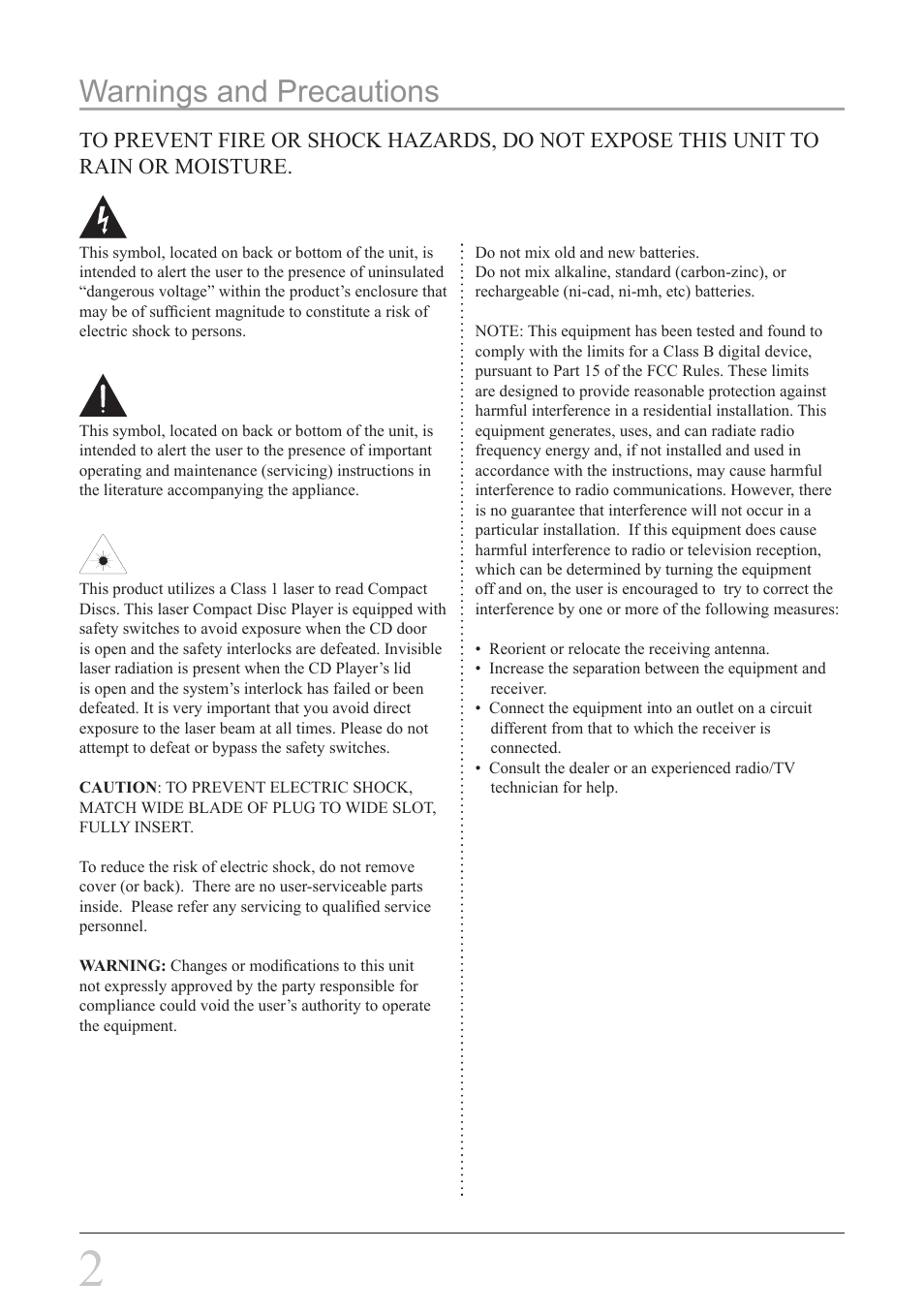 Warnings and precautions | GPX PC108B User Manual | Page 2 / 8