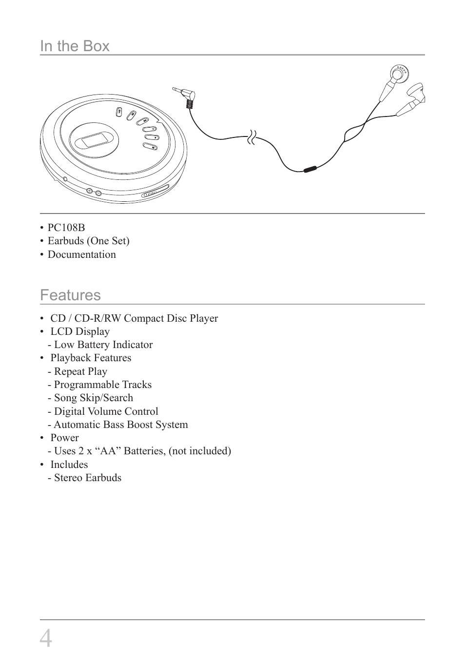 Features | GPX PC108B User Manual | Page 4 / 8