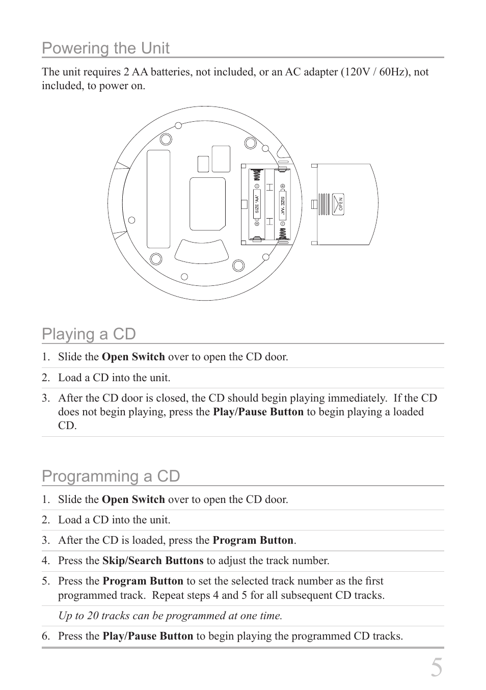 Powering the unit, Playing a cd, Programming a cd | GPX PC108B User Manual | Page 5 / 8