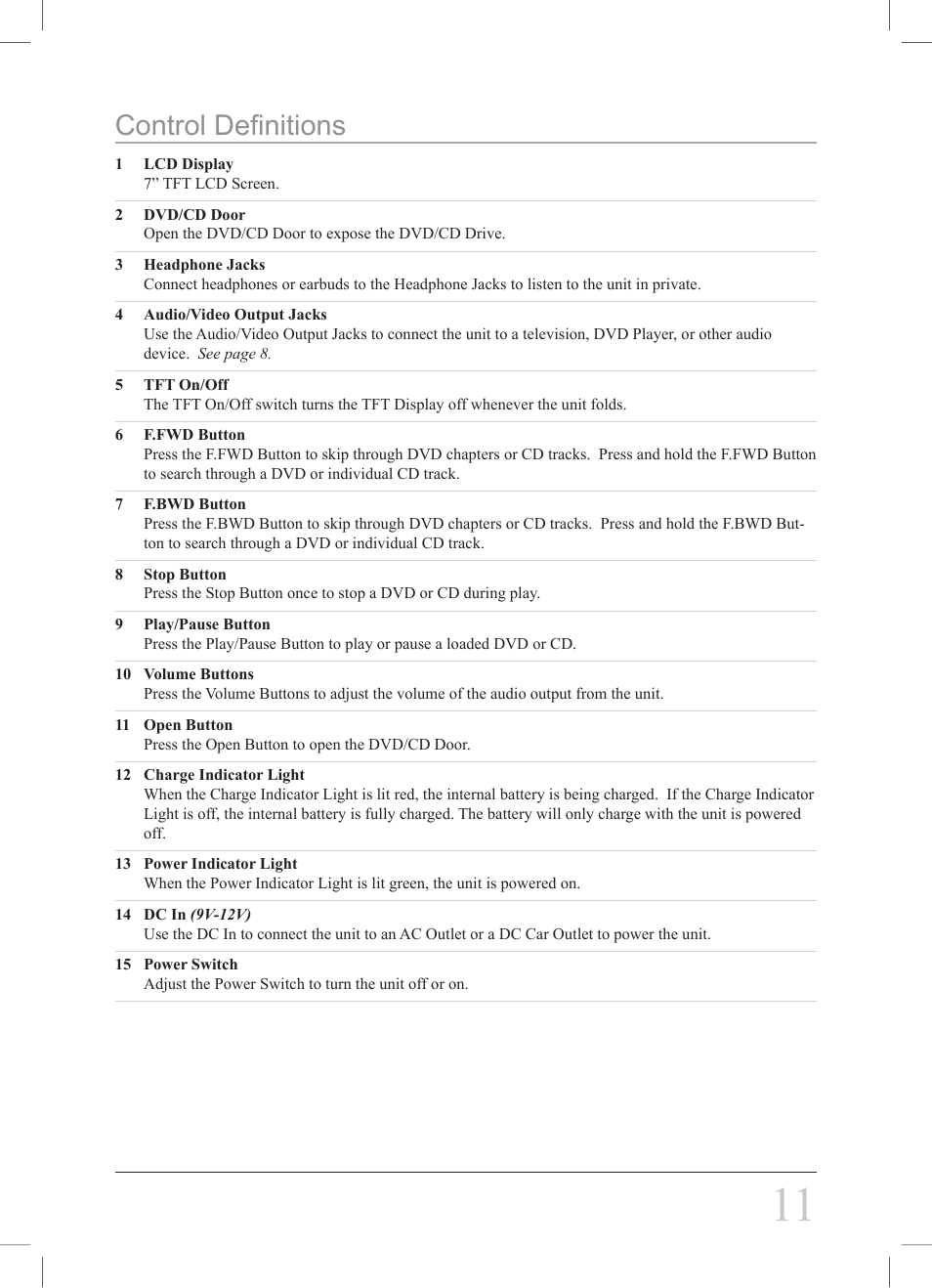 Control definitions | GPX PD708B User Manual | Page 11 / 16