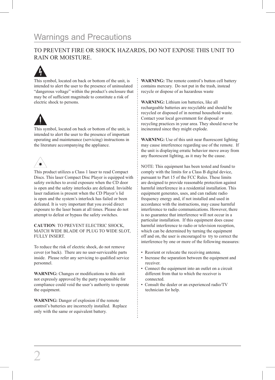 Warnings and precautions | GPX PD708B User Manual | Page 2 / 16