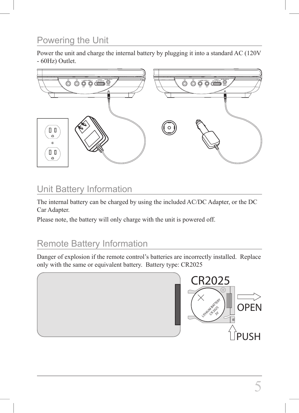 Cr2025, Push open, Powering the unit | Unit battery information, Remote battery information | GPX PD708B User Manual | Page 5 / 16