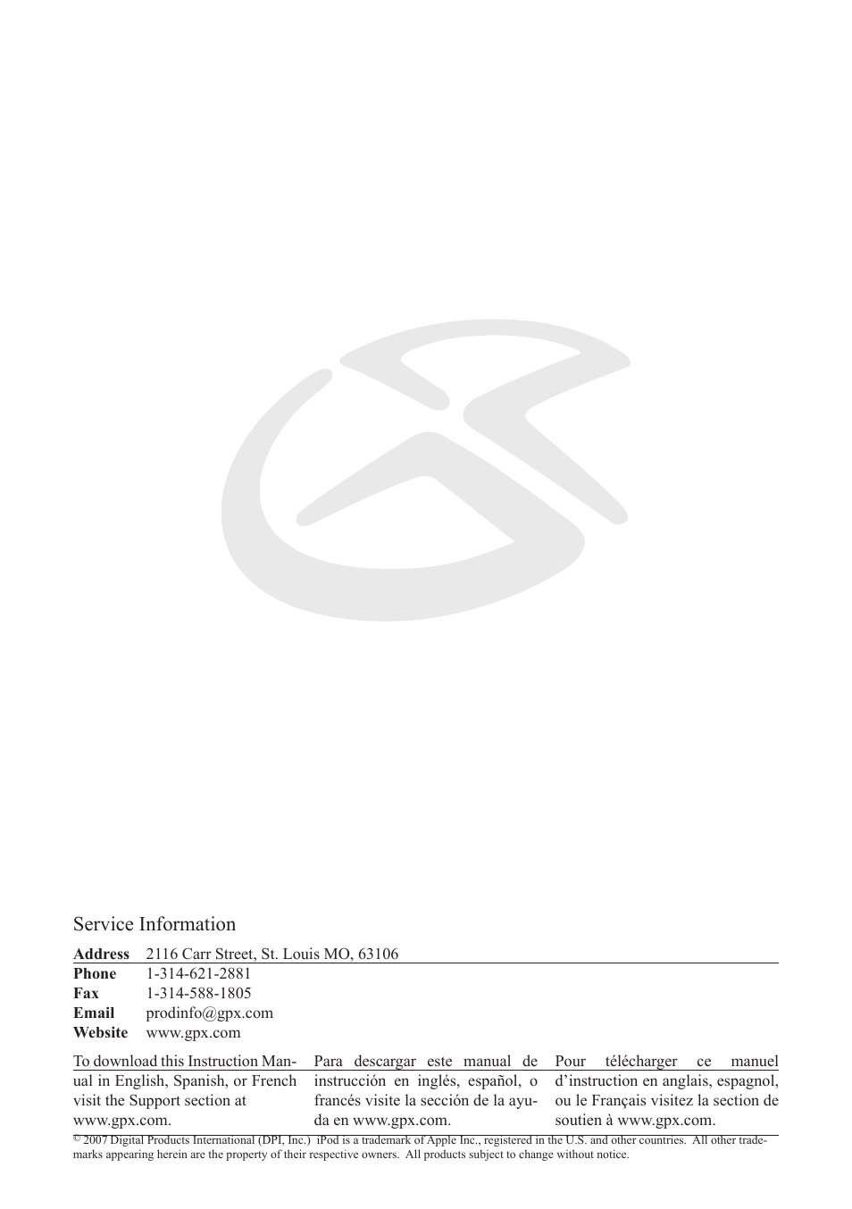 Service information | GPX HI2817 User Manual | Page 12 / 12