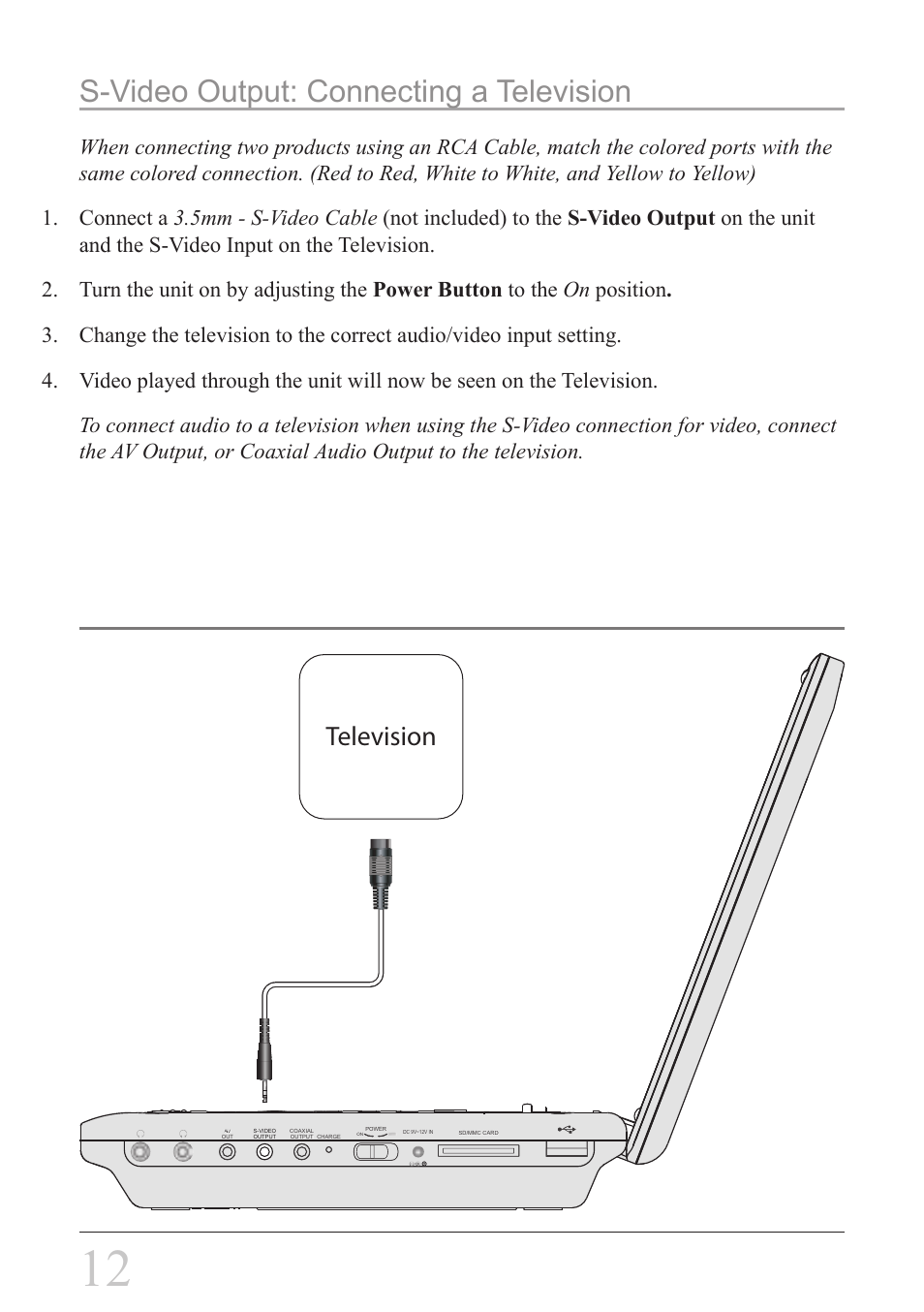 S-video output: connecting a television, Television | GPX PD808B User Manual | Page 12 / 24