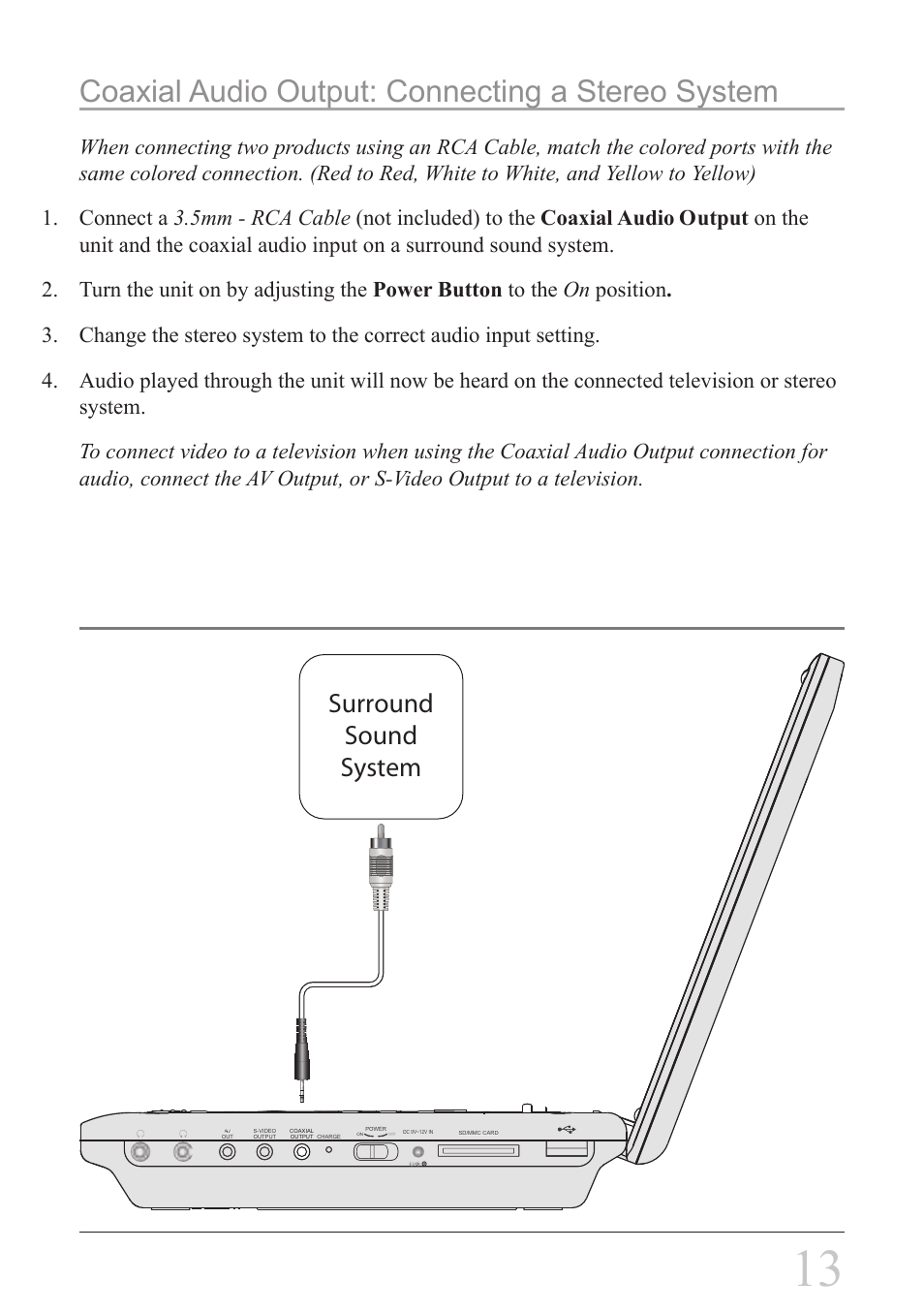 Coaxial audio output: connecting a stereo system, Surround sound system | GPX PD808B User Manual | Page 13 / 24