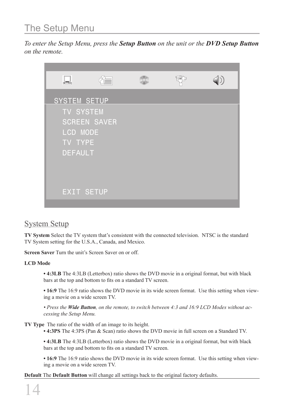 The setup menu, System setup | GPX PD808B User Manual | Page 14 / 24