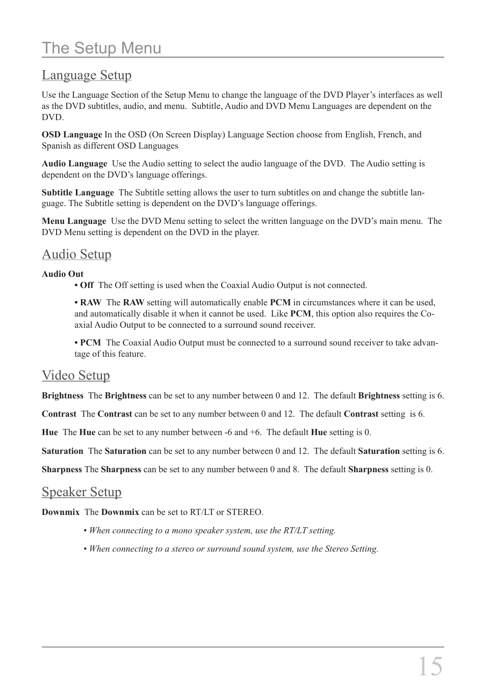 The setup menu, Language setup, Audio setup | Video setup, Speaker setup | GPX PD808B User Manual | Page 15 / 24