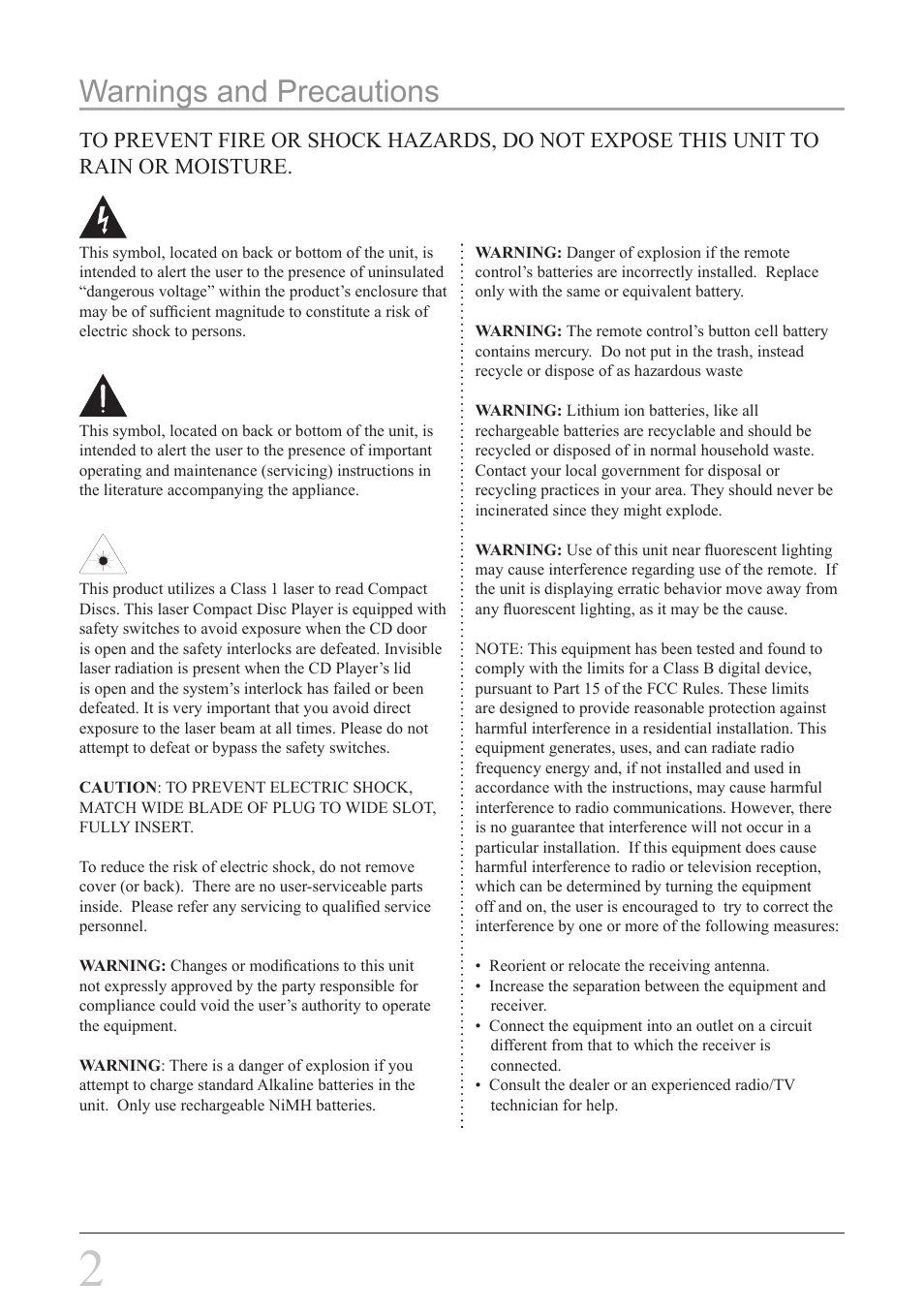 Warnings and precautions | GPX PD808B User Manual | Page 2 / 24