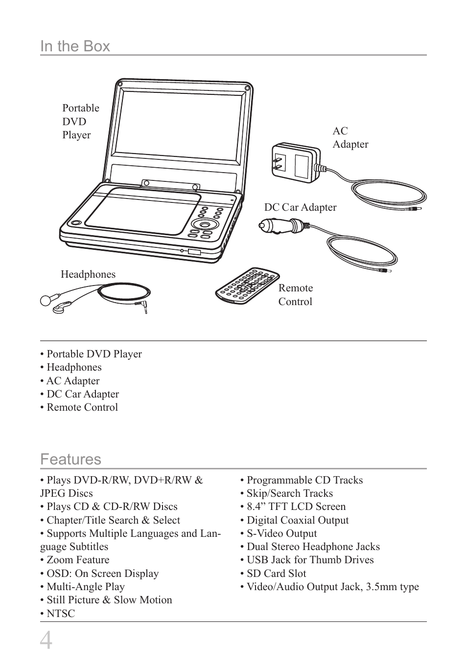 Features in the box | GPX PD808B User Manual | Page 4 / 24