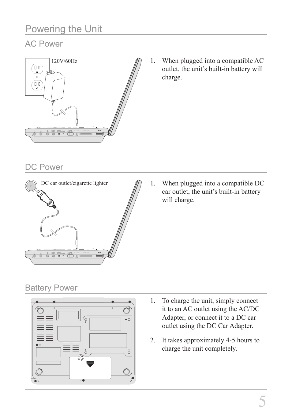 Powering the unit, Ac power, Dc power battery power | 10v/60hz dc car outlet/cigarette lighter | GPX PD808B User Manual | Page 5 / 24