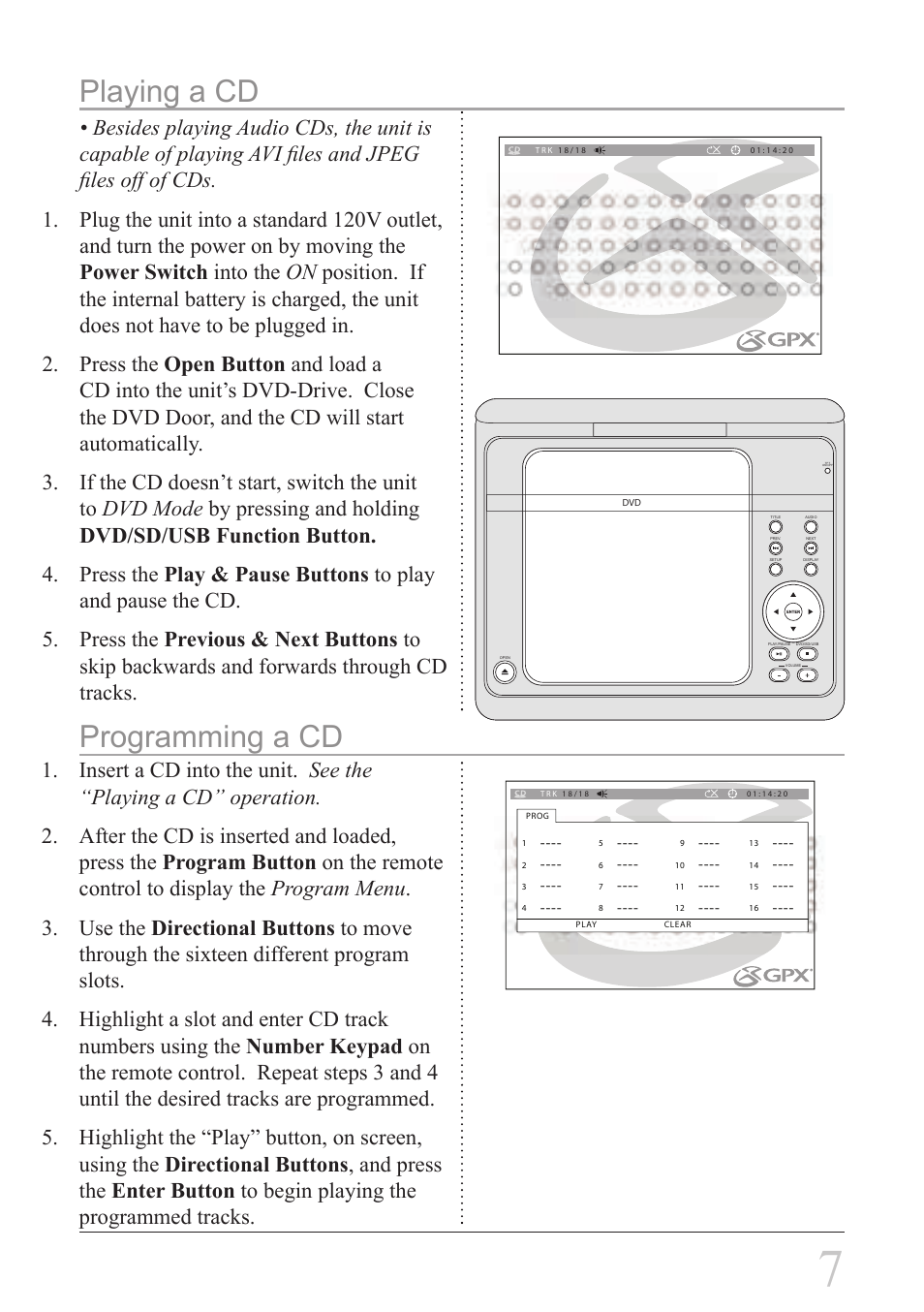 Programming a cd, Playing a cd | GPX PD808B User Manual | Page 7 / 24