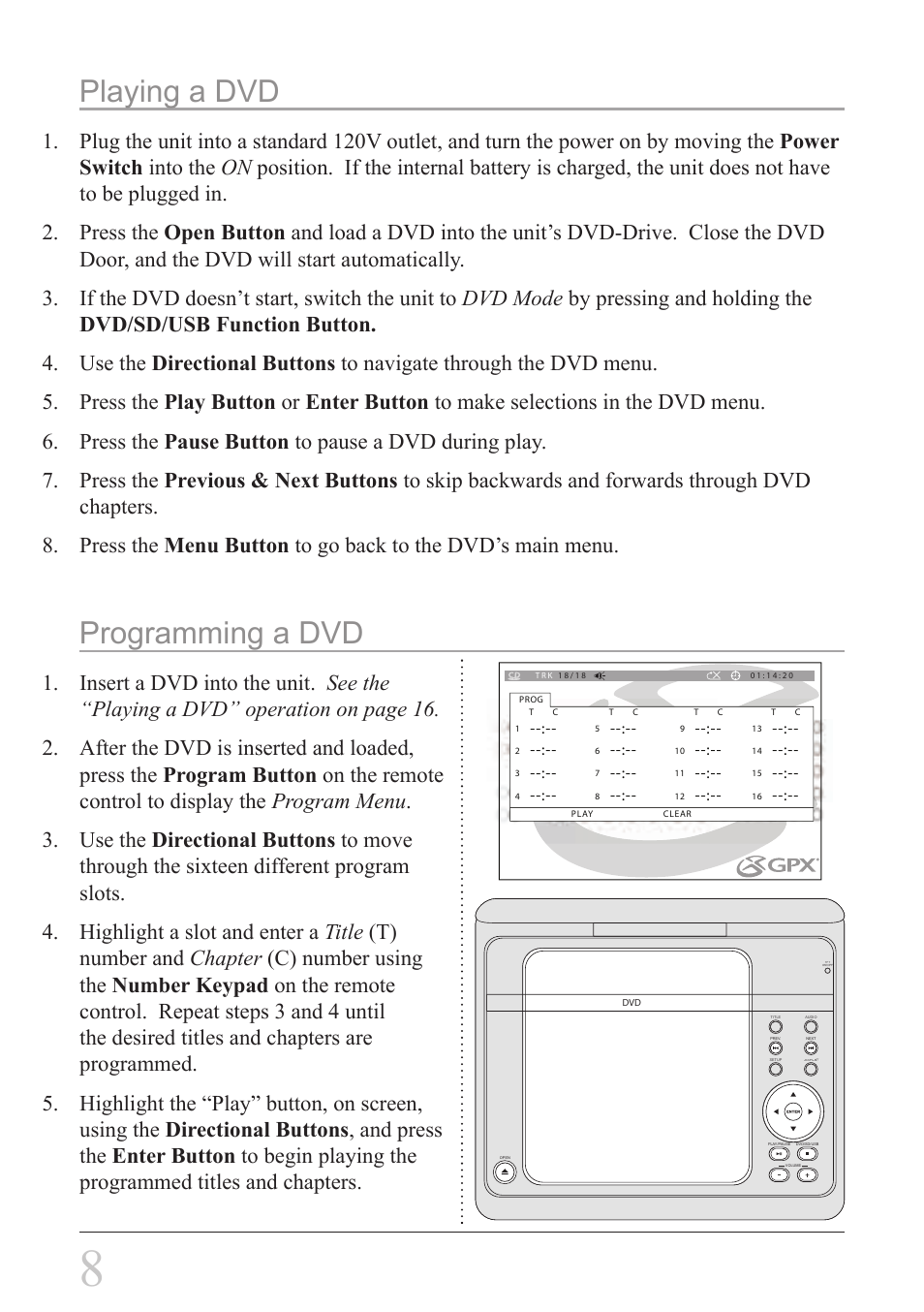 Playing a dvd, Programming a dvd | GPX PD808B User Manual | Page 8 / 24