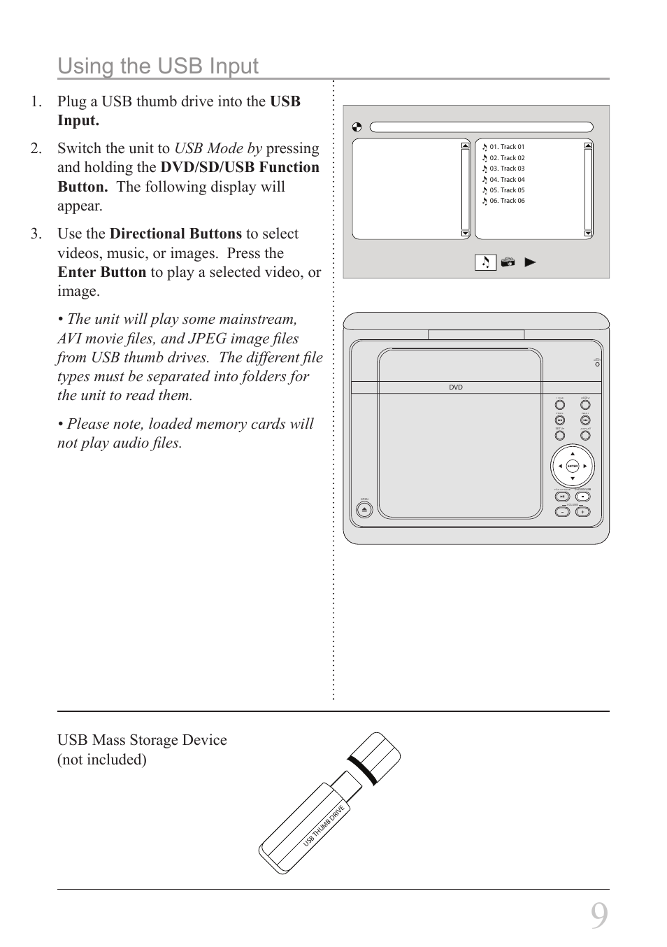 Using the usb input, Usb mass storage device (not included) | GPX PD808B User Manual | Page 9 / 24