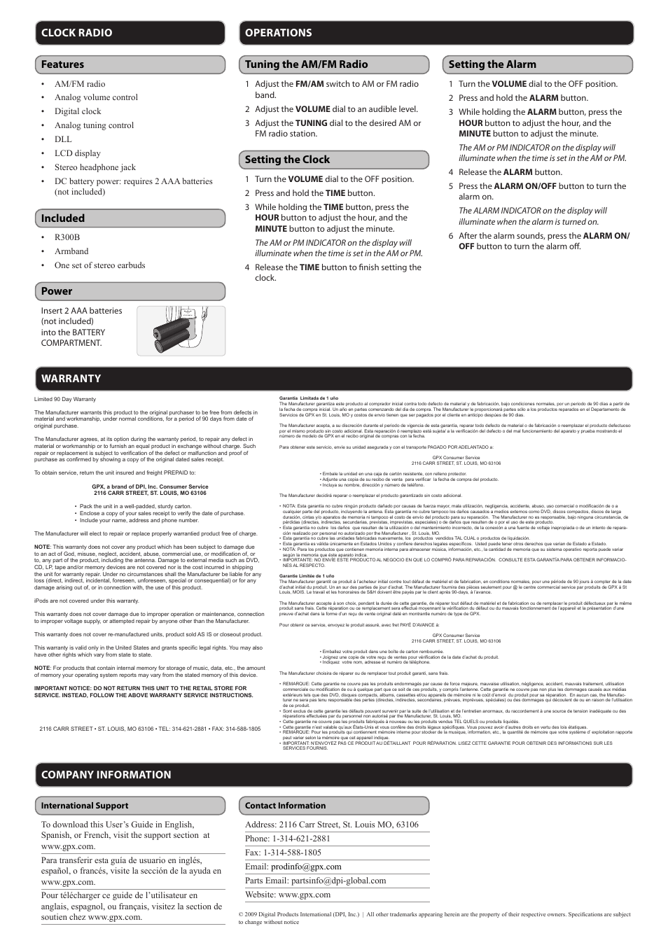 Features included, Setting the clock setting the alarm, Tuning the am/fm radio | GPX R300B User Manual | Page 2 / 2