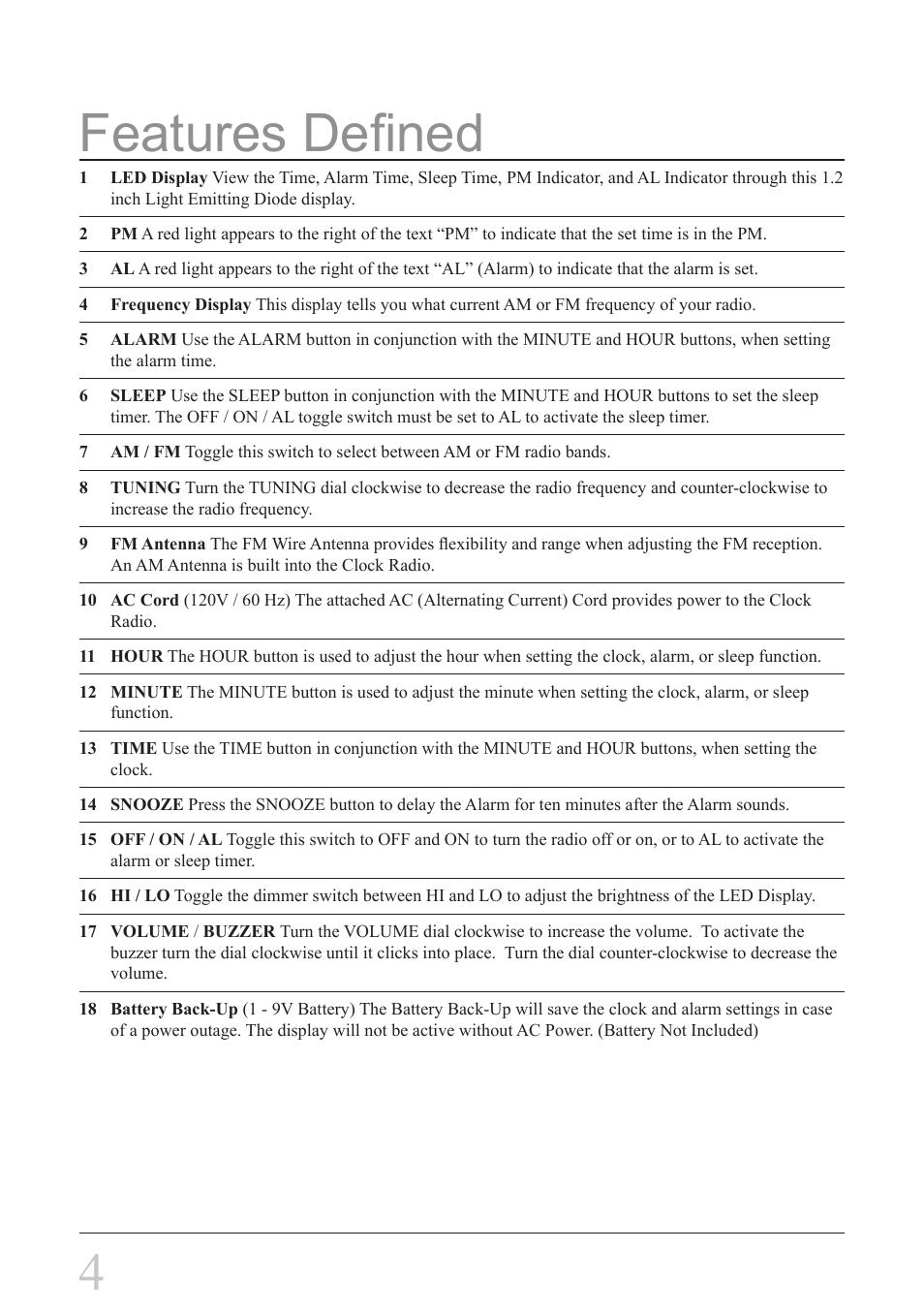 Features defined 4 | GPX CR2307 User Manual | Page 4 / 6