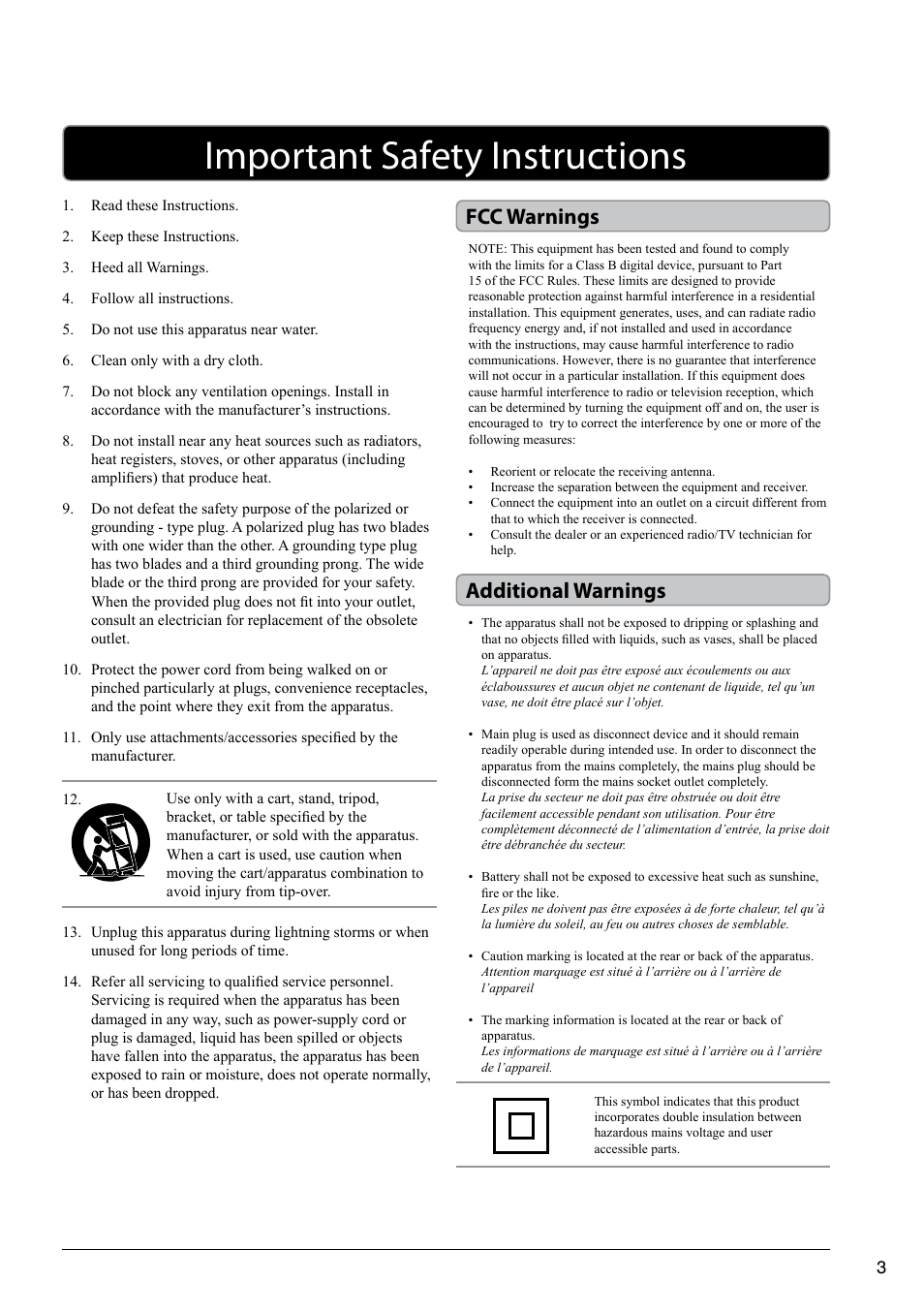 Important safety instructions, Fcc warnings additional warnings | GPX R600B User Manual | Page 3 / 8