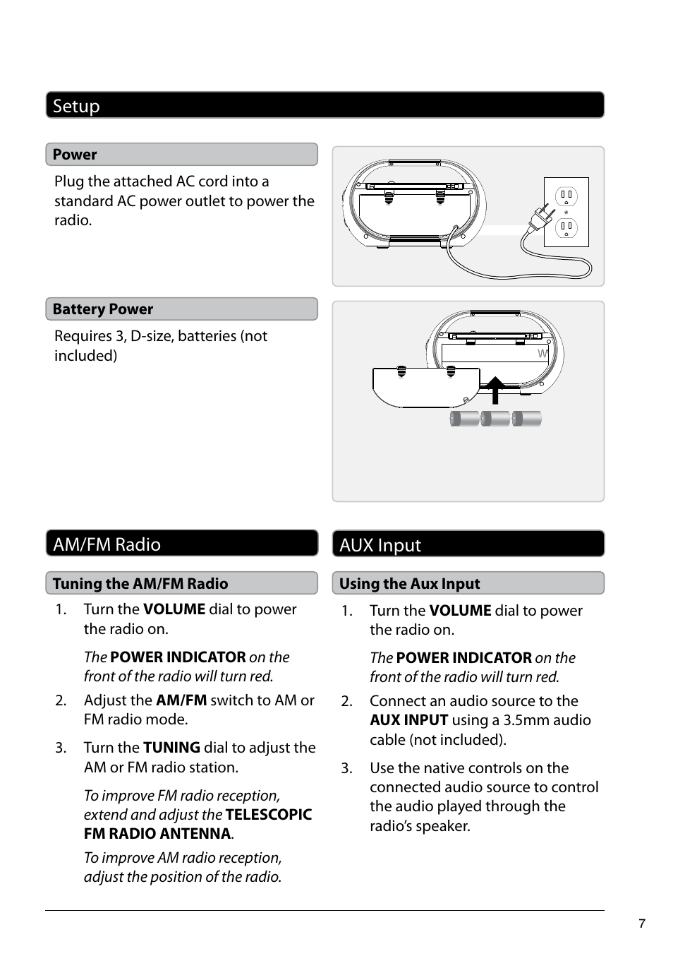 Setup am/fm radio aux input | GPX R600B User Manual | Page 7 / 8