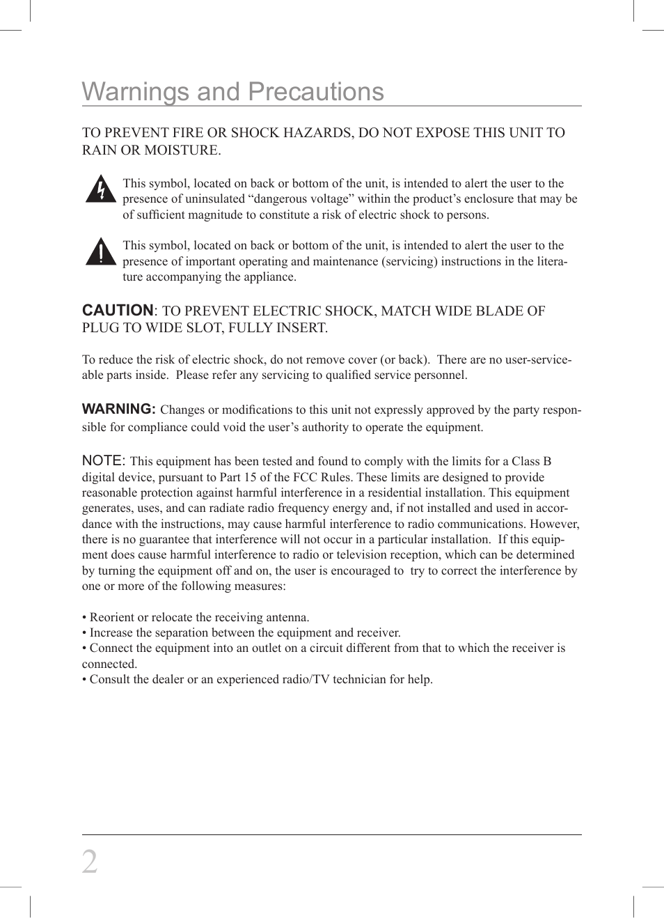 Warnings and precautions | GPX CI188W User Manual | Page 2 / 8