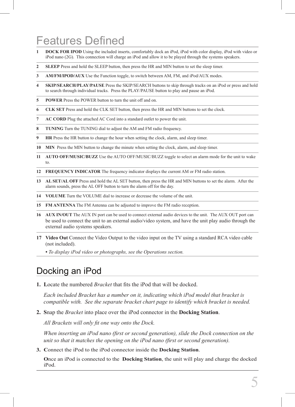 Features defined, Docking an ipod | GPX CI188W User Manual | Page 5 / 8