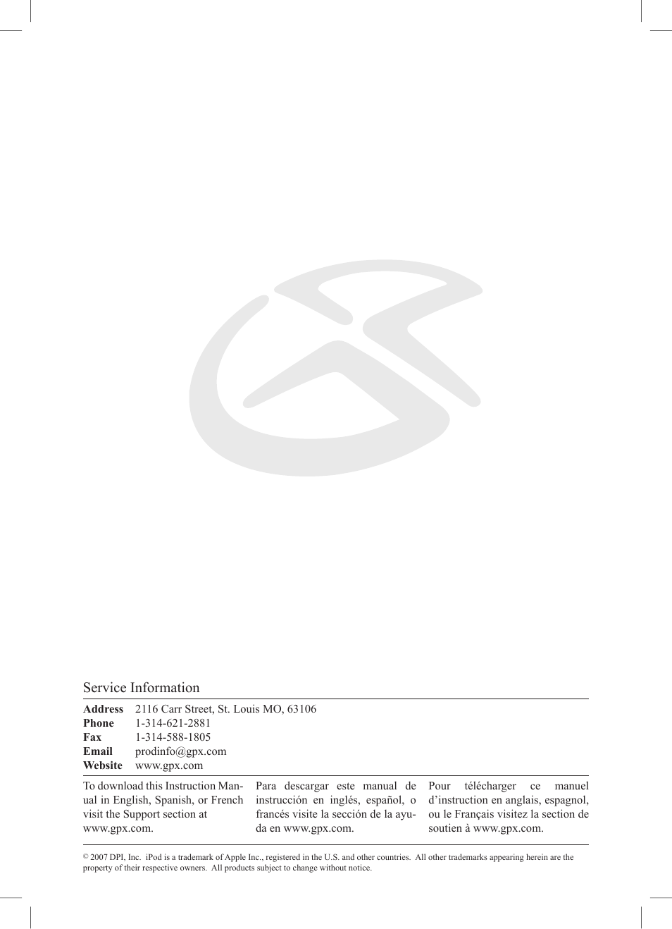 Service information | GPX CI188W User Manual | Page 8 / 8