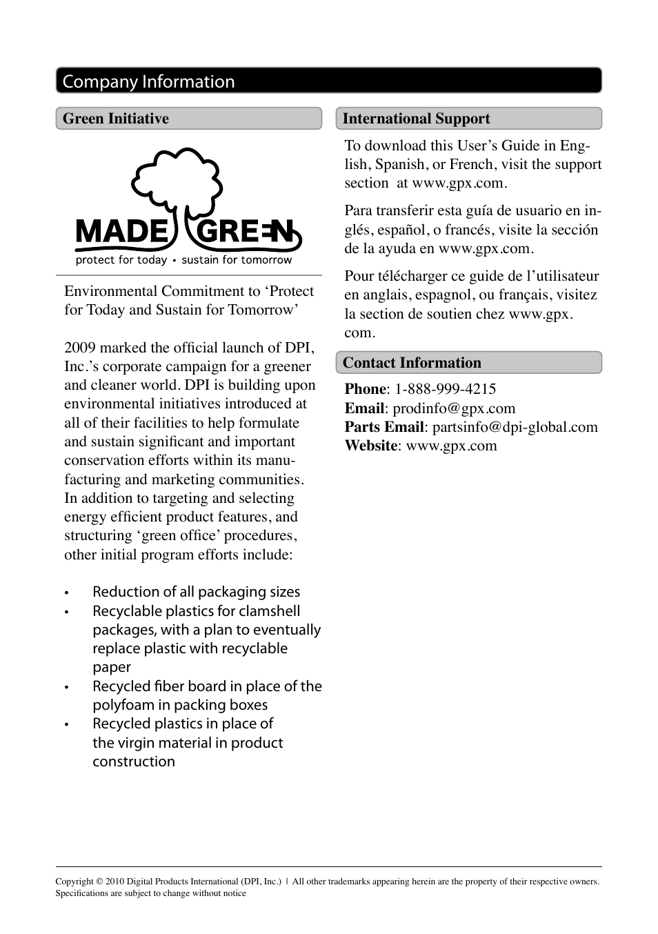 Company information | GPX PD730W User Manual | Page 12 / 12